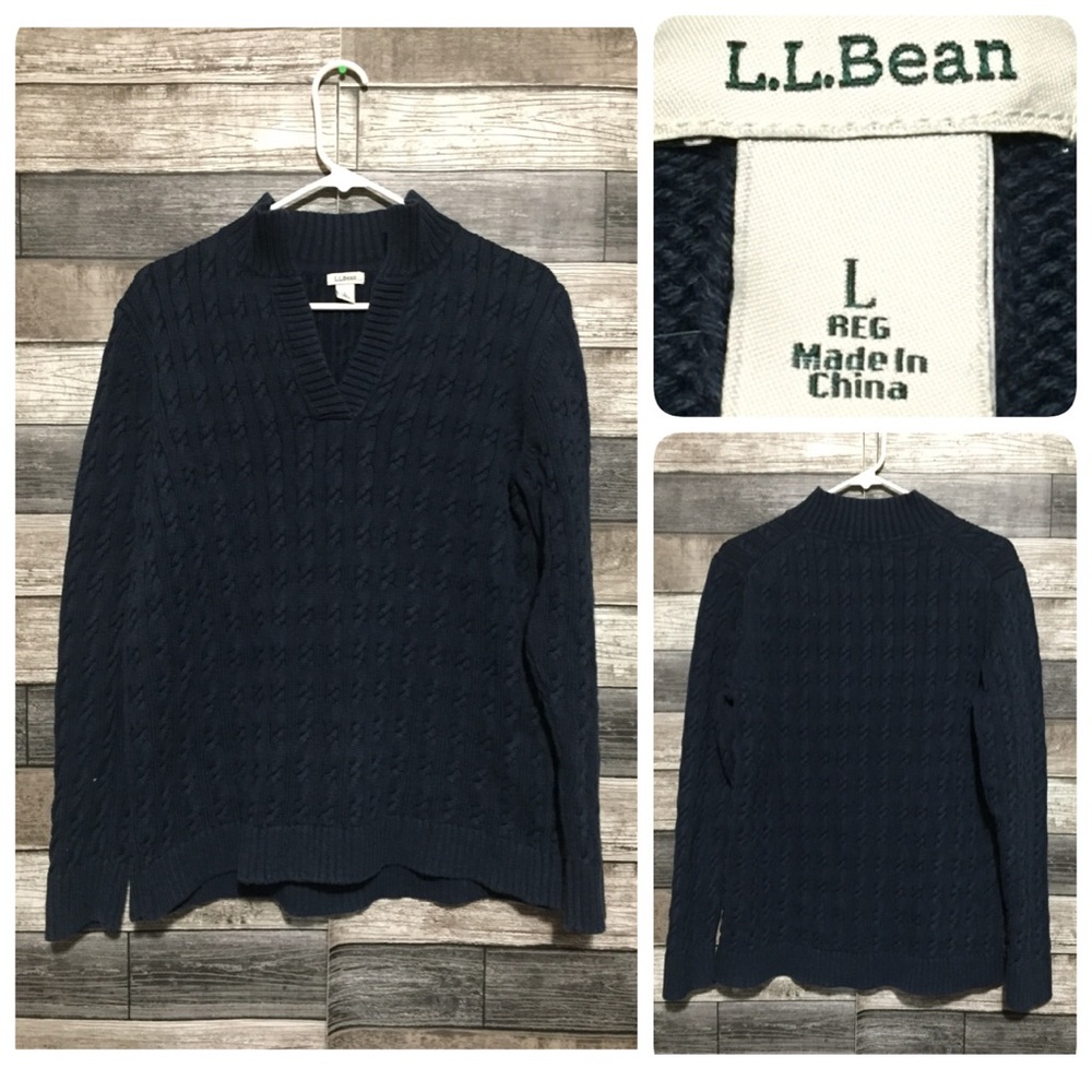 LL Bean Cable Knit Sweater Women’s L Navy Blue Heavyweight Cotton Casual